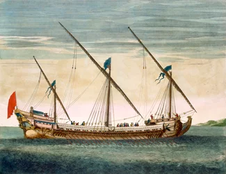 Egy háromárbocos gálya evezővel haladva, a Le Neptune Français című műből, kb. 1693-1700
