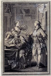Egy fukar nő, Gallant Croc – Jean La Fontaine „Mesék és novellák versben” című részében. 1776. Illusztráció: P. P. Choffard.