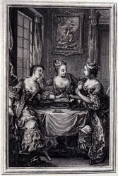 La Gageure des trois commeres – Jean La Fontaine „Mesék és novellák versben” című részében. 1776. Illusztráció: P. P. Choffard.