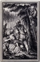 La Gageure des trois commeres – Jean La Fontaine „Mesék és novellák versben” című részében. 1776. Illusztráció: P. P. Choffard.