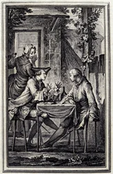 a fültanár vagy a kagylós raccomoder. Jean de La Fontaine "Tales et nouvelles en vers" című művében, Amszterdam 1776. illusztrálta P.P.Choffard.