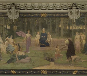 A szent liget, a Nagy Amfiteátrum falfestménye, amely a Sorbonne, az Ékesszólás, a Költészet, a Filozófia, a Történelem, a Botanika, a Geológia, a Fizika és a Geometria allegorikus alakjait ábrázolja, 1887-89 (részlet)