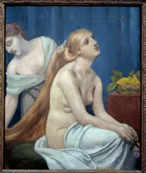 Nő a toalettjénél. Egy hosszú szőke hajú meztelen nőt egy szolgáló fésül. Pierre Puvis de Chavannes (1824-1898) festménye, 1883. Nap. 0,75 x 0,63 m. Párizs, Musée d