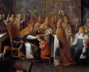 XV. Lajos király (1710-1774) megkoronázását 1722.10.25-én a reimsi katedrálisban koronázta meg és szentelte meg a Reims-i Archeveque a régens, Orléans hercege (1674-1723) jelenlétében. nagy tömeg. Pierre Sub festményének részlete