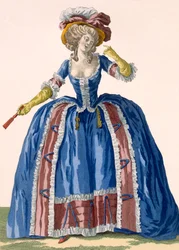 Angol stílusú karikás ruha, elektromos kék színben, bordó rojtos szegéllyel, Bacquoy metszete, 182. sz. tányér a "Galeries des Modes et Costumes Francais", 1778-87 körüli 99:clothing;