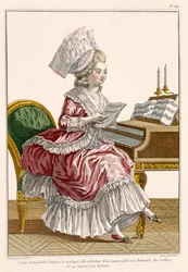 Fiatal nő, aki zenét tanul csembalóján, 149. lemez a „Galerie des Modes et Costumes Francais”-ból, J. Pelicier metszet, 1778