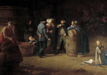 Egy birtokos meglátogatja burgundiai pincéjét. Egy szőlősgazda ellenőrzi a bortermelés állapotát a szőlőbirtokán. Részlet. 19. század. Beaune