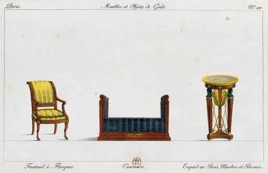 Karimás fotel, ülőgarnitúra és állványasztal, 211-es tányér, illusztráció a Collection de meubles et objects de goutból (Bútorok és ízléses tárgyak gyűjteménye)