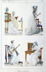 Portrék a korabeli nőkről, akik különböző művészeti és társadalmi tevékenységet folytattak. Tányér Pierre de la Mesangere (1761-1831) „” Collection de meubles et objets de tas”” gyűjteményéből. 1802. Párizs. Dekoratív művészet