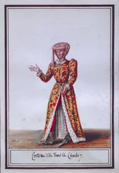 VII. Károly (1403-1461) korabeli jelmezét ábrázoló női divattányér, Pierre Antoine Leboux de La Mesangere (1761-1831), akvarell