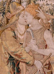 Flamand kárpit. Vertumnus és Pomona sorozat. Vertumnus megcsókolja Pomonát. A sorozat hetedik kárpitja. Pieter Coecke van Aelst modellköre. Gyártás Wilhelm Pannemaker, Brüsszel. 1545-1550 körül. Szövet Arany, ezüst, selyem és gyapjú. Mérete 430 x 365 cm.