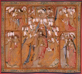 Flamand kárpit. Az anya diadalai vagy a Paños de Oro sorozat. Angyali üdvözlet (La Anunciación). A sorozat második kárpitja. Colin de Cooter modell (?). Gyártás Pieter van Aelst (vagy van Edingen), Brüsszel. Körülbelül 1500-1502. Szövet Arany, ezüst, selye