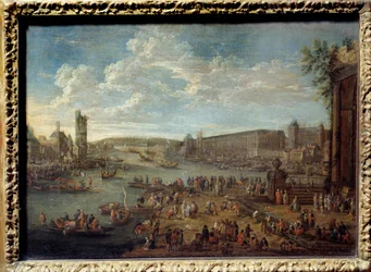Kilátás a Louvre-ra és a Nesles-toronyra a párizsi Ile de la Cite-ból. Pieter Li Casteels (1684-1749) festménye