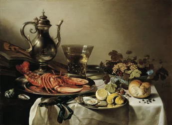Asztal homárral, ezüstkancsóval, nagy Berkemeyer-pohárral, gyümölcsöstállal, hegedűvel és könyvekkel, 1641