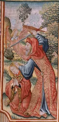 Flamand kárpit. Sorozat epizódok a Szűz életéből; Bemutató a templomban (Presentación en el Templo). A sorozat második kárpitja. Jan van Roome-nak (vagy van Brusselnek) tulajdonított modellek. Gyártás Pieter van Aelst, Brüsszel. Körülbelül 1502-1504.