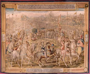 Flamand kárpit. sorozat Tunisz meghódítása; A barcelonai csapatok áttekintése (La revista de las tropas en Barcelona). A sorozat második kárpitja. Jan Vermeyen modell és Pieter Coecke van Aelst. 1543-1548. Gyártás Real Fábrica de Tapices de Sant