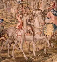 Flamand kárpit. sorozat Tunisz meghódítása; A barcelonai csapatok áttekintése (La revista de las tropas en Barcelona). A sorozat második kárpitja. Jan Vermeyen modell és Pieter Coecke van Aelst. 1543-1548. Gyártás Real Fábrica de Tapices de Sant
