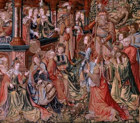 Flamand kárpit. A kitüntetések sorozat. Erény (La Virtu, El Vicio). Nyolcadik kárpit a sorozatban. Modell karikaturisták Bernard van Orley és Jan Gossaert (Mabuse) köréből. Gyártás Pieter van Aelst, Brüsszel. Kb 1550. Szövet Arany, ezüst, selyem a