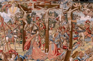 Flamand falikárpit. Krisztus kínszenvedése sorozat; út a Kálváriára és találkozás Veronikával (Camino del Calvario y encuentro con la Verónica). A Nemzeti Örökség által őrzött falikárpitok közül az első. A mintakartonok készítői Jan van Roome és Bern