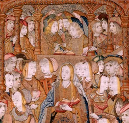Flamand kárpit. Az anya diadalai vagy a Paños de Oro sorozat. Angyali üdvözlet (La Anunciación). A sorozat második kárpitja. Colin de Cooter modell (?). Gyártás Pieter van Aelst (vagy van Edingen), Brüsszel. Körülbelül 1500-1502. Szövet Arany, ezüst, selye