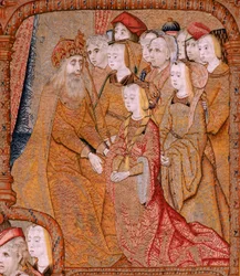 Flamand kárpit. Az anya diadalai vagy a Paños de Oro sorozat. Angyali üdvözlet (La Anunciación). A sorozat második kárpitja. Colin de Cooter modell (?). Gyártás Pieter van Aelst (vagy van Edingen), Brüsszel. Körülbelül 1500-1502. Szövet Arany, ezüst, selye
