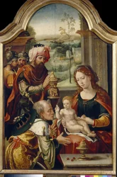 A mágusok imádása. Idősebb Pieter Coecke van Aelst (1502-1555) festménye, olaj, fa, 16. század első fele. Flamand primitív művészet. Állami Művészeti Galéria, Lviv (Ukrajna).