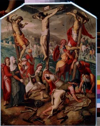 Kálvária (Kálvária). A Golgotán Jézus Krisztust keresztre feszítik, a másik kettőt pedig halálra ítélik. A kereszten az INRI jelet (I.N.R.I.) viseli. Lábánál Szent Mária Magdolna gyászolja Jézus halálát, palackja a földre borul. Szent Veronika