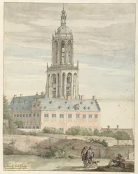 Kilátás V. Frigyes, nádor választófejedelem palotájára és a Sint-Cunerakerkre, Rhenen