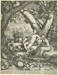 Vertumnus kölcsönkéri egy öregasszony alakját, hogy megnyerje Pomonas szerelmét, 1605 (metszet fektetett papírra)