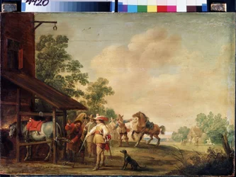 Forge (A Forge). Patkolókovács (patkolókovács), aki patkót húz. Pieter Meulenaer festménye (Peter vagy Pierre