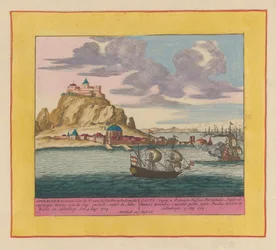 Gibraltár meghódítása egy angol-holland flotta által, 1704 Gibraltárt meghódította a Pr. van Hessen Darmstadt, az Eng kiszállt milíciájával: en Holl: az Adm alatt: Rooke és Callenberg den 1704. augusztus 4. (...) (cím a tárgyon) Színház