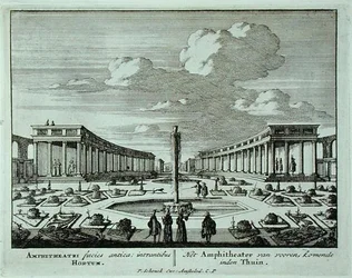 Klasszikus amfiteátrum a kertben, az „Admirandorum Quadruplex Spectaculum”-ból, Jan van Call (1656-1703), 1715 előtt megjelent (metszet)