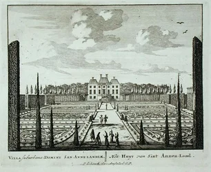 A Saint Annen-Land-i ház és kertek az „Admirandorum Quadruplex Spectaculum”-ból, Jan van Call (1656-1703), 1715 előtt megjelent (metszet)