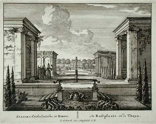 Pihenőhely egy kertben, az „Admirandorum Quadruplex Spectaculum”-ból, Jan van Call (1656-1703), 1715 előtt megjelent (metszet)