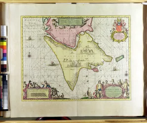 Tabula Magellanica, Quatierrae del Fuego, 18. lemez a Le Nouveau et Grand Illuminant Flambeau de la Mertől, Claes Jansz. Vooght (fl.1680-96) Amszterdamban, 1683-ban (kézzel színezett metszet)