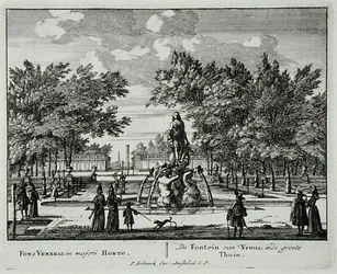 A Vénusz szökőkútja egy hatalmas kertben, az „Admirandorum Quadruplex Spectaculum”-ból, Jan van Call (1656-1703), 1715 előtt megjelent (metszet)