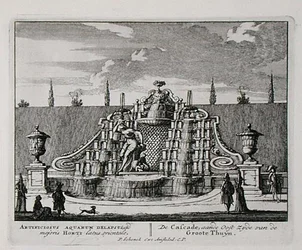 Vízesés egy keleti kertben, Jan van Call (1656-1703) "Admirandorum Quadruplex Spectaculum" című, 1715 előtt megjelent művéből (metszet).