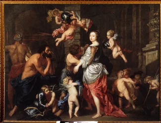 Vénusz (Aphrodité) látogatása Vulkánban (Héphaisztosz) (Vénusz látogatása Vulkánban). Pieter Thies (1624-1677 vagy 1679) festménye. Olajfestmény