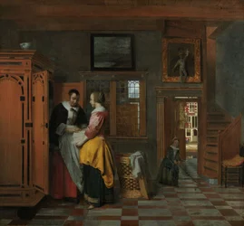 Belső tér nőkkel egy vászonszekrény mellett, 1663