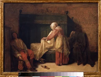 ""A fiatalember reggele"" (The Morning of a Young Man) Egy fiatal férfi arra készül, hogy felébredjen, miközben egy szobalány átveti az ágyat. A földön papucs és kamrafazék. Pieter de Hooch (1629-1684) festménye 1655-1657 Puskin Múzeum, Moszkva