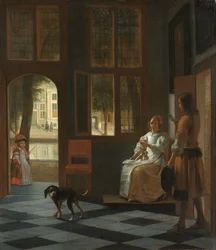 Férfi, aki levelet ad át egy nőnek egy ház előcsarnokában, 1670