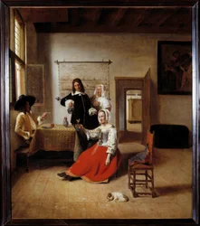 Az ivó nő. Alkoholista nő egy flamand házban, más ivók között. Pieter de Hooch (1629-1684) festménye, 1658. M. 0,69 x 0,6 m - Katonákkal ivó nő. Flamand ház belseje. Pieter de Hooch (1629-1684) festménye