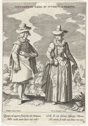 Paar, gekleed volgens de Engelse mód, kb. 1610 Serdülőkori angol és angol szokások (cím a tárgyon) Kostuums uit verschiedelden landen (sorozat címe) Különféle nemzetek díszei (sorozat címe)
