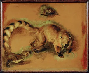Egy coati és egy kis rágcsáló (festmény vászonra)