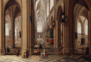 Egy gótikus katedrális belseje városi emberekkel és malacokkal, 1647