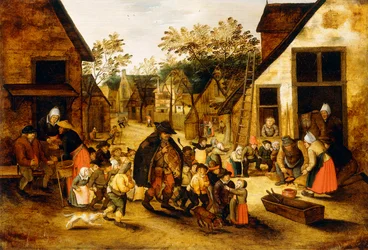 Egy vak Hurdy-Gurdy játékos gyerekekkel körülvéve egy faluban, 1610 körül