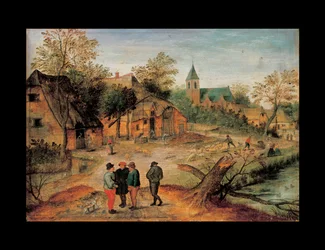 Falusi táj, előtérben beszélgető gazdákkal, 1634