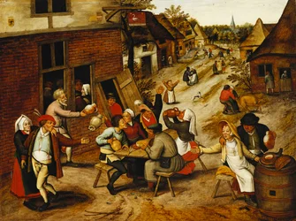 Mulatozó parasztok a Hattyú fogadó előtt egy falusi utcában, 1630