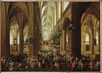 Az antwerpeni Notre-Dame belső terme, Leopold Vilmos főherceget fogadja a káptalan (festmény tölgyfára)