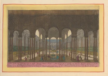 A granadai Alhambra Oroszlánudvarának látképe. A granadai Oroszlánudvar, a mór királyok alkotása az Alhambra palotában, két márványmedencével tíz oroszlánon (cím a tárgyon). Theatrum Hispaniae (...) (sorozatcím)